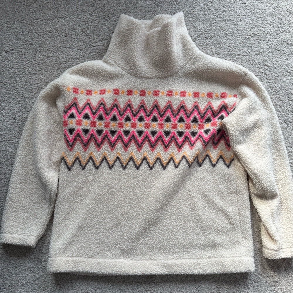 LOFT Cream Mockneck Sherpa with Pink and Black Zigzag Pattern Size S